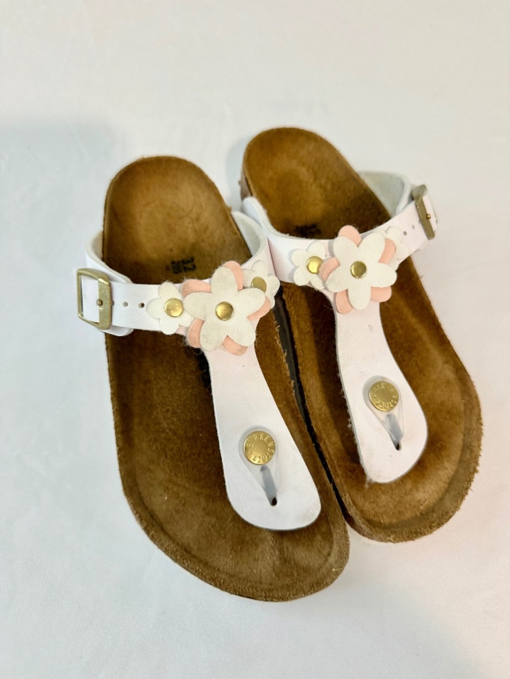 Birkenstock Kids Gizeh Flowers White Pink Cork Sandals, EU 32, US 1.5Y